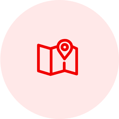 A red map with a pin on it