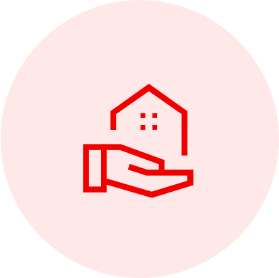 A red icon of a hand holding a house.